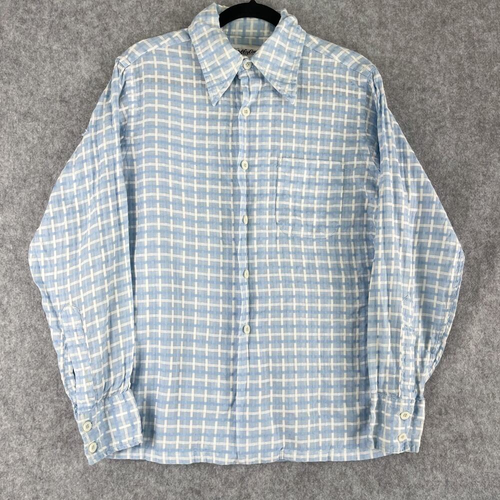 Vintage 60s Oleg Cassini Shirt Mens Large Mr.Sid Woven Check Button Up Mod Retro